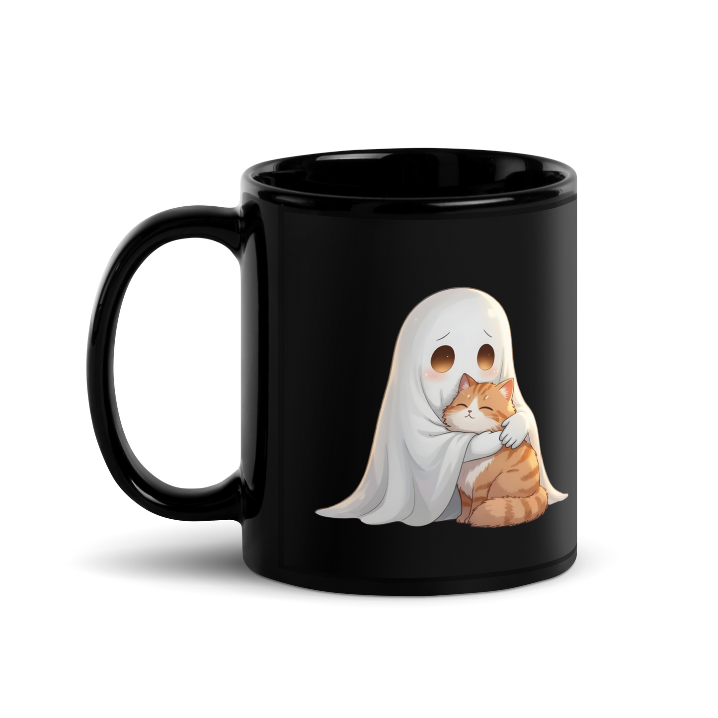 Ghost & Cat Hug Black Ceramic Mug