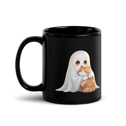 Ghost & Cat Hug Black Ceramic Mug