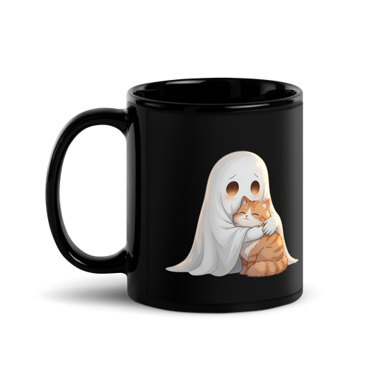 Ghost & Cat Hug Black Ceramic Mug