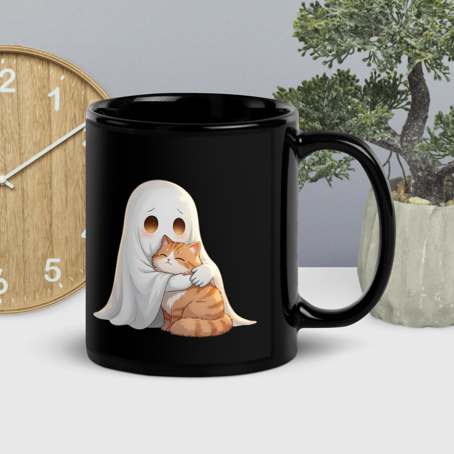 Ghost & Cat Hug Black Ceramic Mug