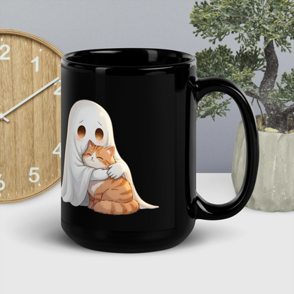 Ghost & Cat Hug Black Ceramic Mug